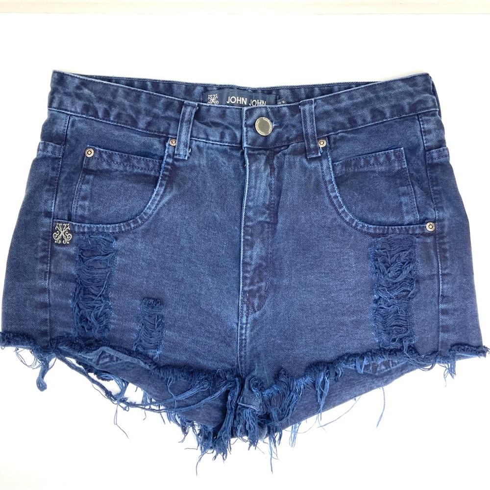 John John High Rise Distressed Shorts 26 Blue Raw Hem Cotton Brazilian